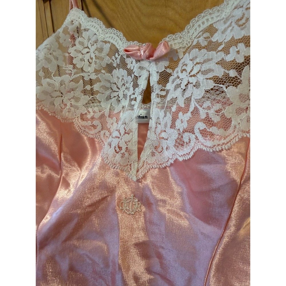 Vintage Christian Dior Pink Satin Lace Camisole Top Embroidered CD Logo Bow - Picture 8 of 13